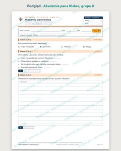„Akademia pana Kleksa” — kartkówka z lektury, klasy 4–6, grupy A–E — podgląd, grupa B