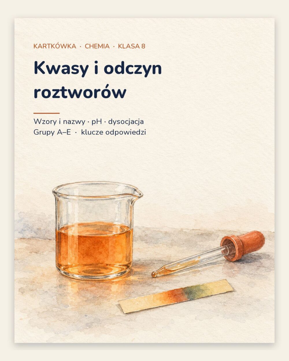 Kwasy i odczyn roztworów — kartkówka z chemii, klasa 8, grupy A–E — okładka