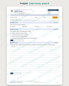 Części mowy — kartkówka z polskiego, klasa 4, grupy A–E — podgląd, grupa B