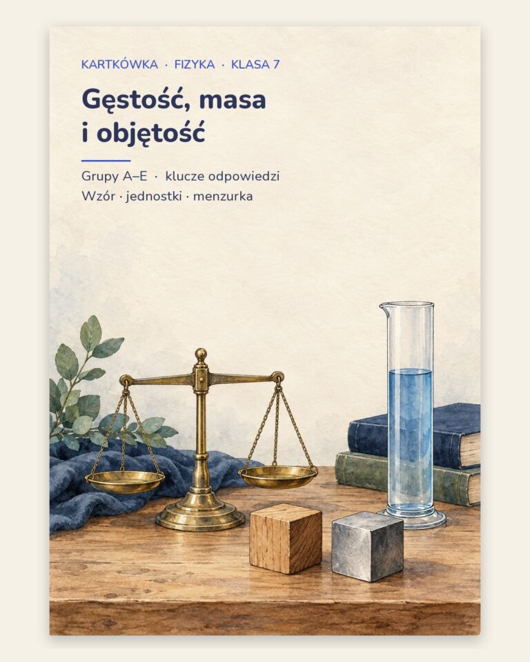 Gęstość, masa i objętość — kartkówka z fizyki, klasa 7, grupy A–E — okładka