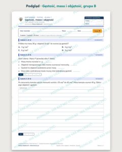 Gęstość, masa i objętość — kartkówka z fizyki, klasa 7, grupy A–E — podgląd, grupa B