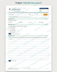 Jednostki masy — kartkówka z matematyki, klasa 4, grupy A–E — podgląd, grupa B