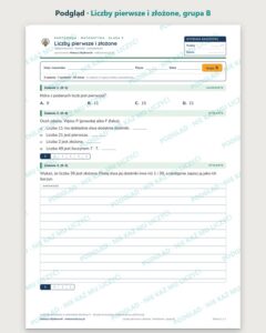 Liczby pierwsze i złożone — kartkówka z matematyki, klasa 5, grupy A–E — podgląd, grupa B