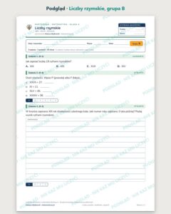 Liczby rzymskie — kartkówka z matematyki, klasa 4, grupy A–E — podgląd, grupa B