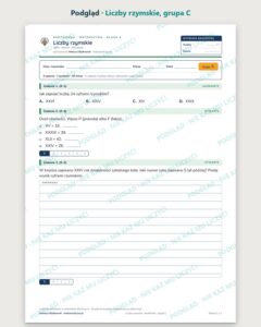 Liczby rzymskie — kartkówka z matematyki, klasa 4, grupy A–E — podgląd, grupa C