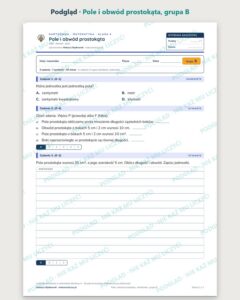 Pole i obwód prostokąta — kartkówka z matematyki, klasa 4, grupy A–E — podgląd, grupa B