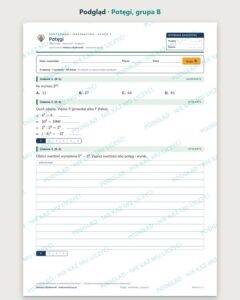 Potęgi — kartkówka z matematyki, klasa 7, grupy A–E — podgląd, grupa B