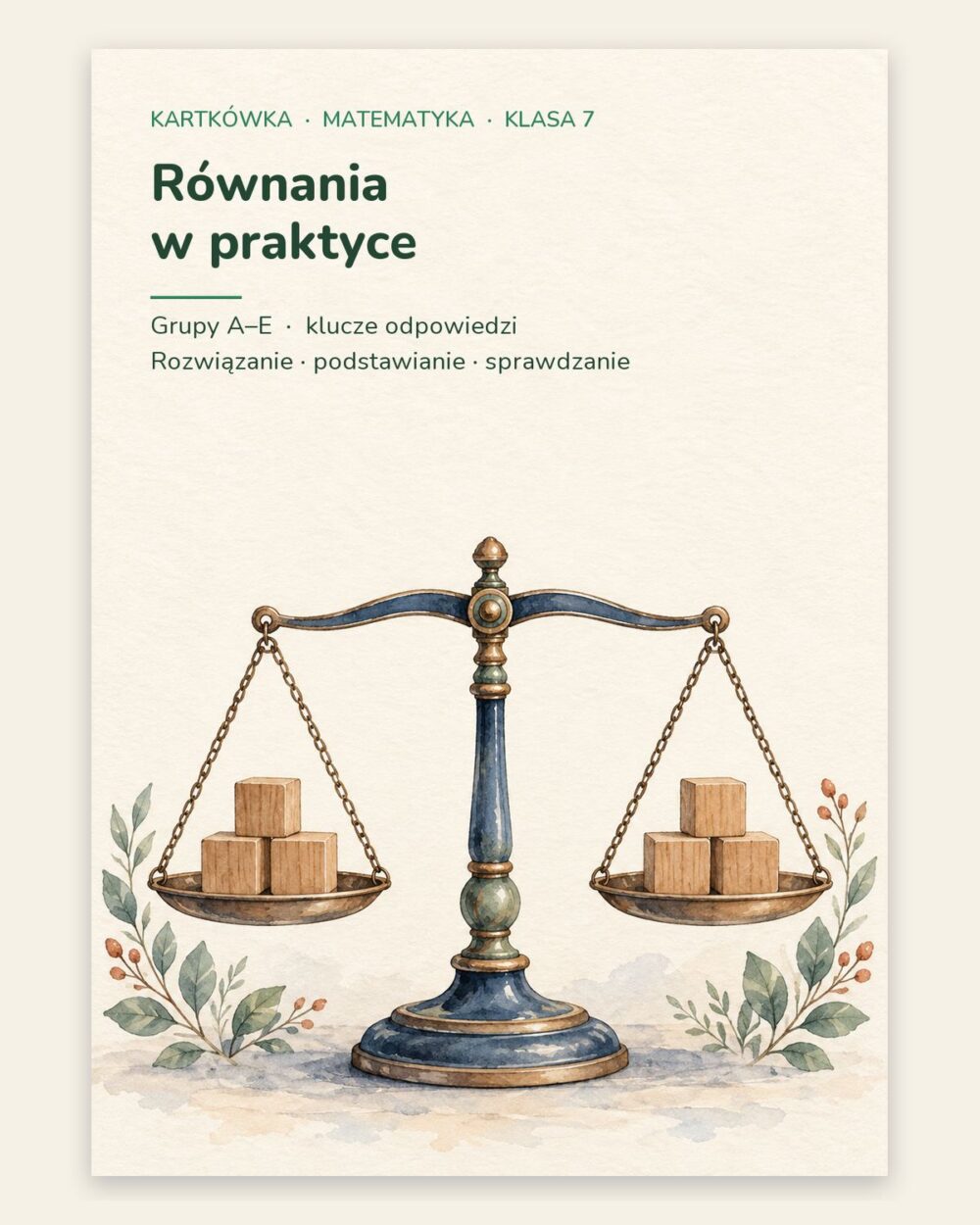 Równania — kartkówka z matematyki, klasa 7, grupy A–E — okładka
