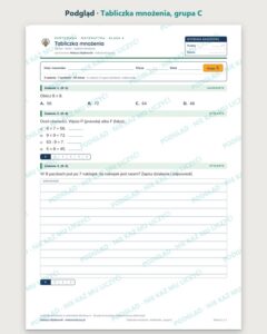 Tabliczka mnożenia — kartkówka z matematyki, klasa 4, grupy A–E — podgląd, grupa C