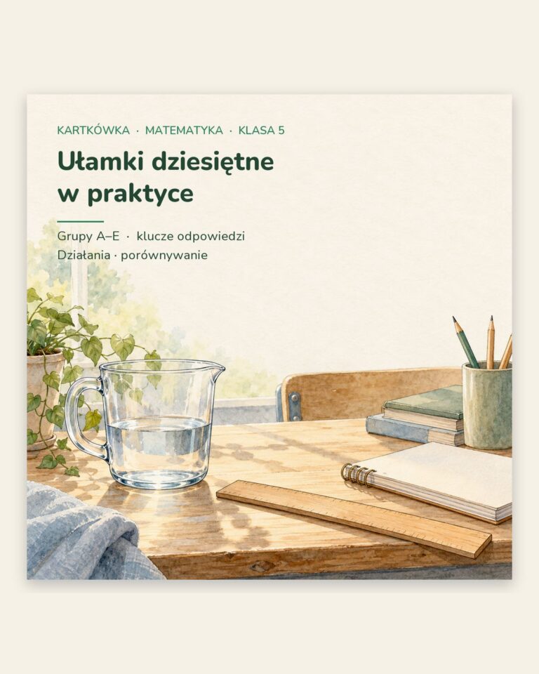 Ułamki dziesiętne — kartkówka z matematyki, klasa 5, grupy A–E — okładka