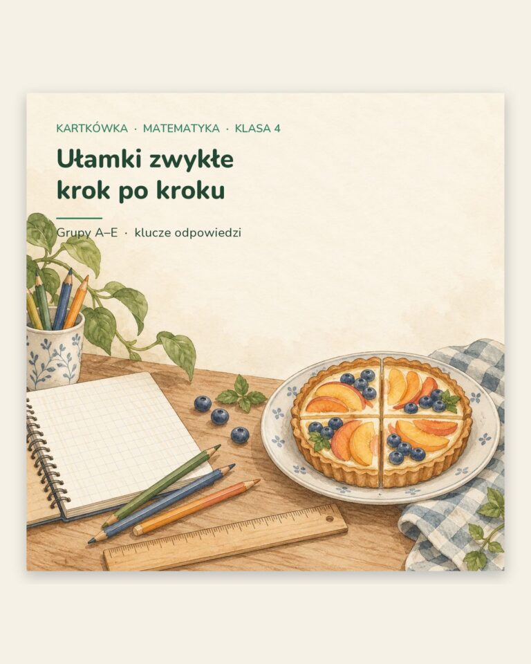 Ułamki zwykłe — kartkówka z matematyki, klasa 4, grupy A–E — okładka