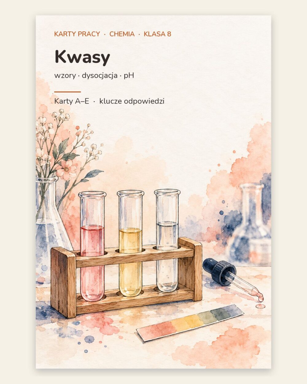 Kwasy: wzory, dysocjacja i pH — 5 kart pracy, klasa 8, z kluczem — okładka