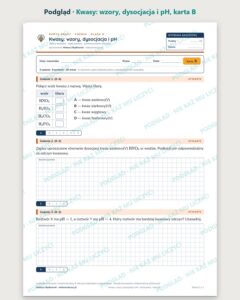 Kwasy: wzory, dysocjacja i pH — 5 kart pracy, klasa 8, z kluczem — podgląd, karta B