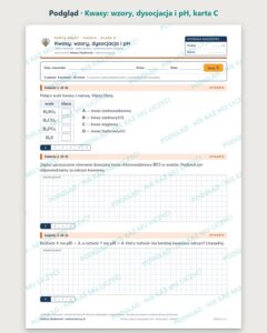 Kwasy: wzory, dysocjacja i pH — 5 kart pracy, klasa 8, z kluczem — podgląd, karta C