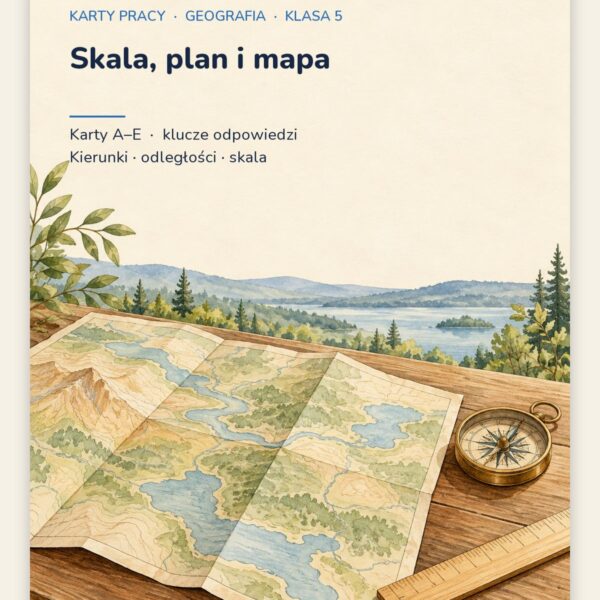 Skala, plan i mapa — 5 kart pracy z geografii, klasa 5, z kluczem — okładka