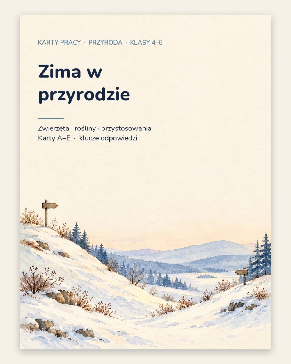 Zima w przyrodzie — 5 kart pracy z przyrody, klasy 4–6, z kluczem — okładka