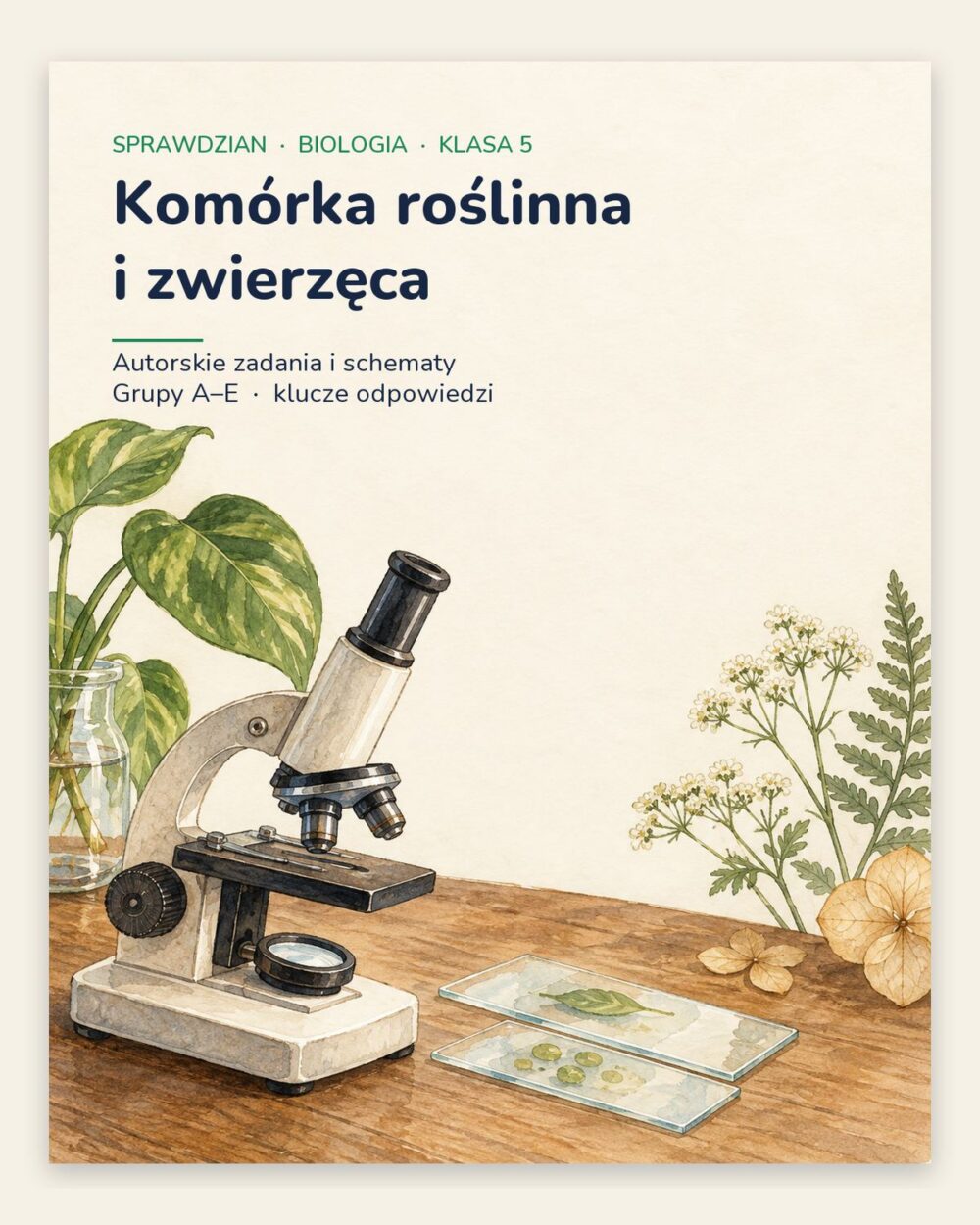 Komórka roślinna i zwierzęca — sprawdzian, klasa 5, grupy A–E — okładka