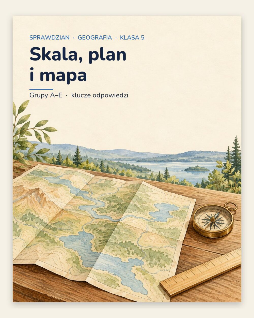Skala, plan i mapa — sprawdzian z geografii, klasa 5, grupy A–E — okładka