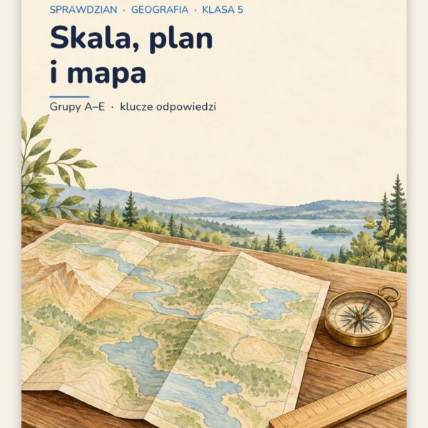 Skala, plan i mapa — sprawdzian z geografii, klasa 5, grupy A–E — okładka