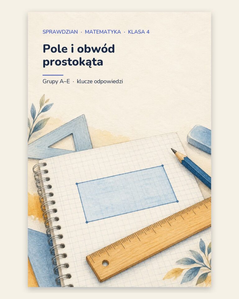 Pole i obwód prostokąta — sprawdzian z matematyki, klasa 4, grupy A–E — okładka