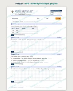 Pole i obwód prostokąta — sprawdzian z matematyki, klasa 4, grupy A–E — podgląd, grupa B