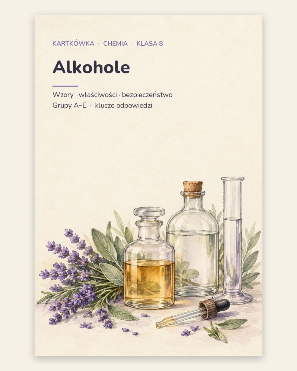 Alkohole — kartkówka z chemii, klasa 8, grupy A–E — okładka
