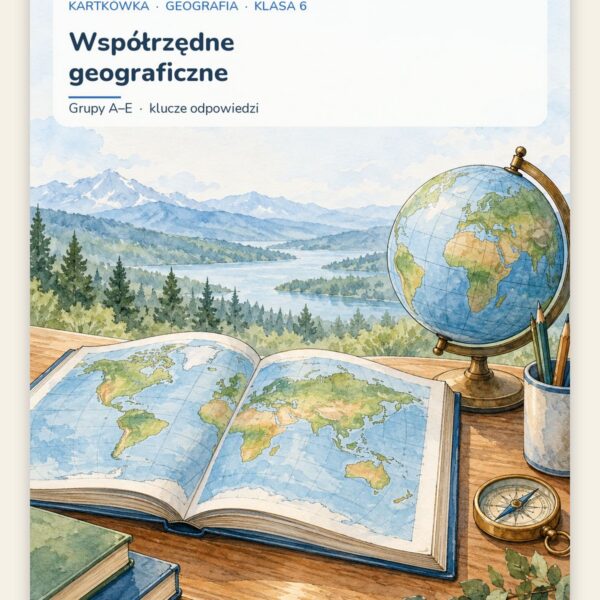 Współrzędne geograficzne — kartkówka z geografii, klasa 6, grupy A–E — okładka