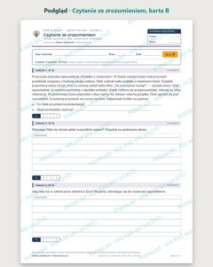 „Czytanie ze zrozumieniem” — 5 kart pracy, klasa 6, z kluczem — podgląd, karta B