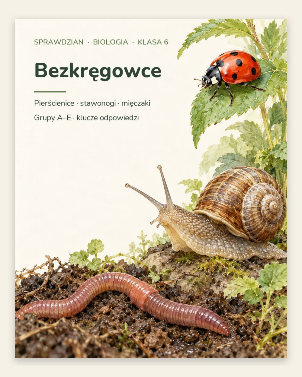 Bezkręgowce — sprawdzian z biologii, klasa 6, grupy A–E — okładka
