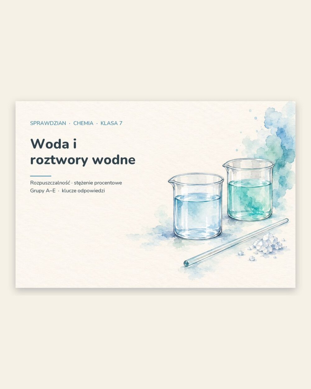 Woda i roztwory wodne — sprawdzian z chemii, klasa 7, grupy A–E — okładka