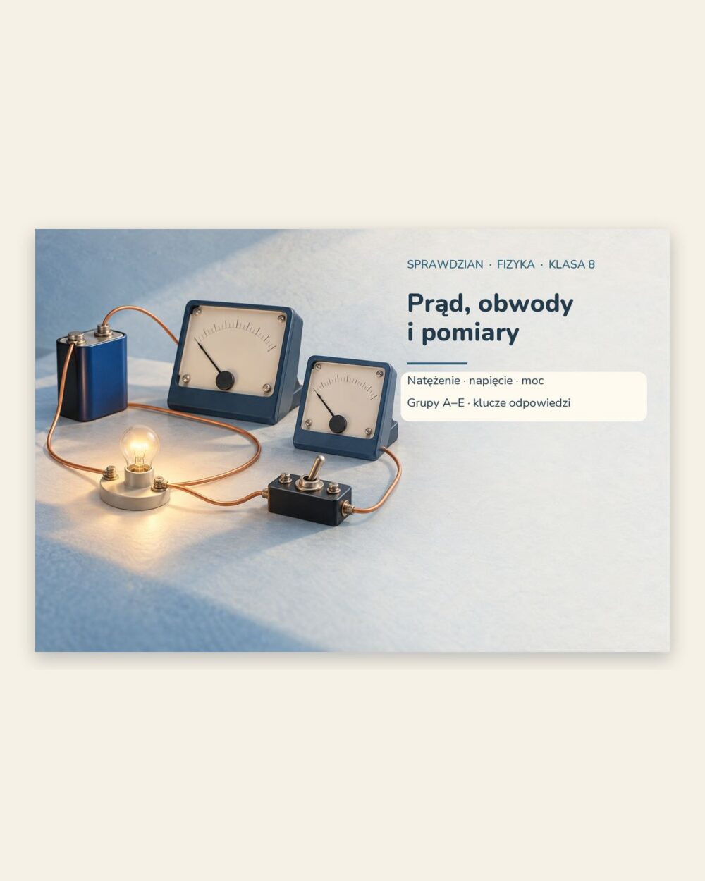 Prąd, obwody i pomiary — sprawdzian z fizyki, klasa 8, grupy A–E — okładka