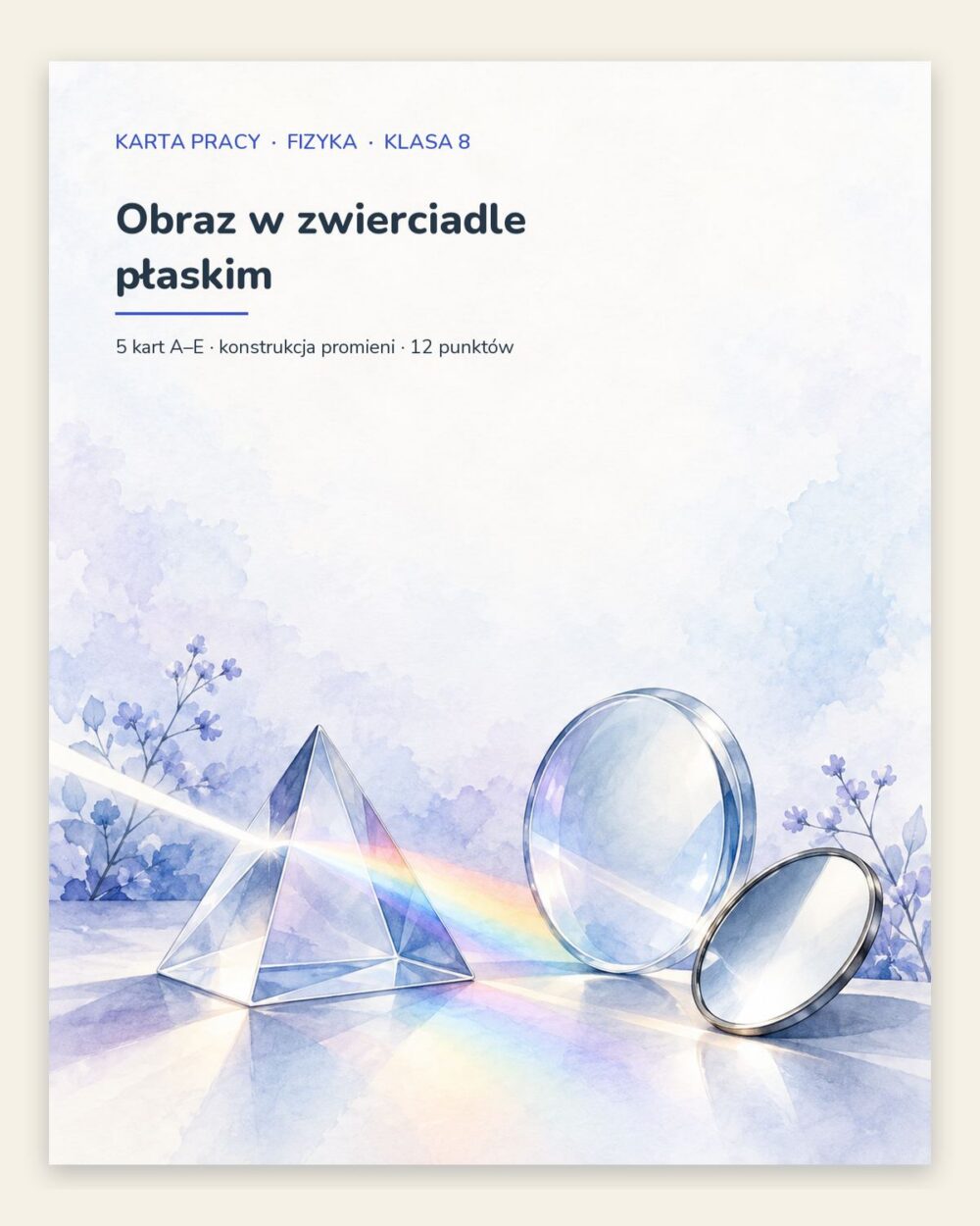 Obraz w zwierciadle płaskim — 5 kart pracy, klasa 8, z kluczem — okładka