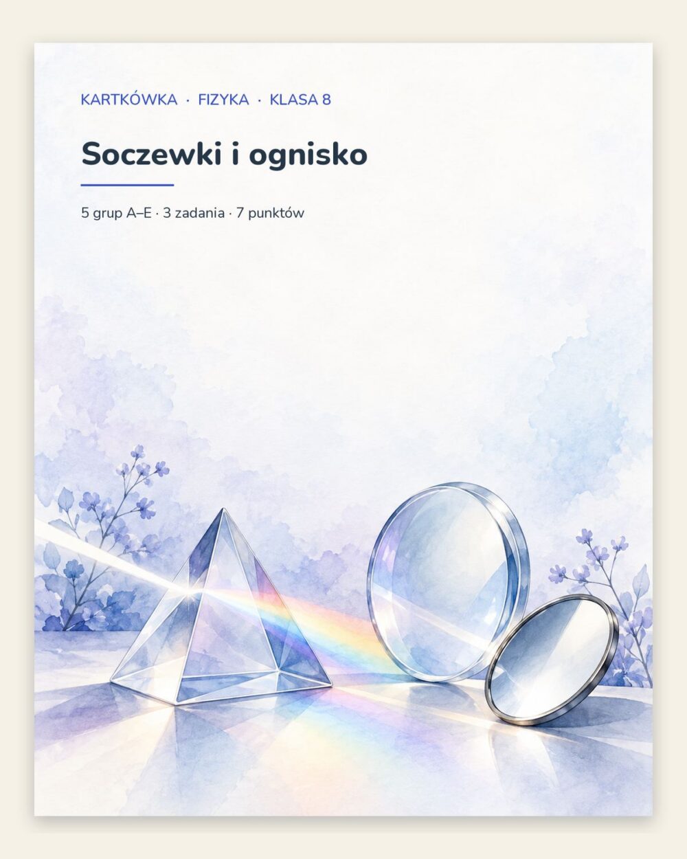 Soczewki i ognisko — kartkówka z fizyki, klasa 8, grupy A–E — okładka