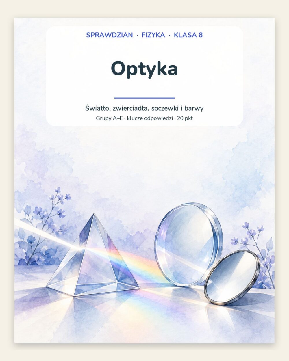 Optyka — sprawdzian z fizyki, klasa 8, grupy A–E — okładka