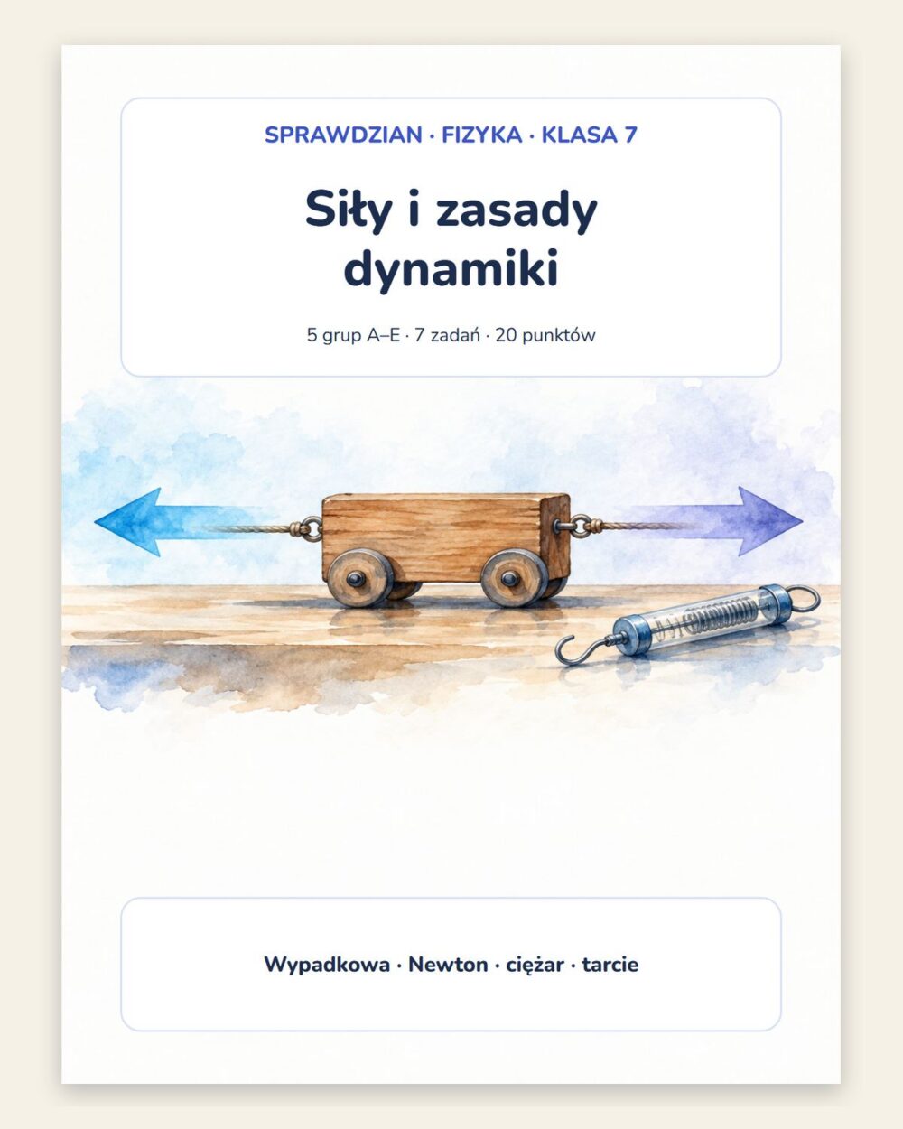 Siły i zasady dynamiki — sprawdzian z fizyki, klasa 7, grupy A–E — okładka