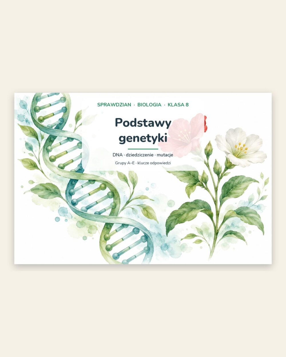 Podstawy genetyki — sprawdzian z biologii, klasa 8, grupy A–E — okładka