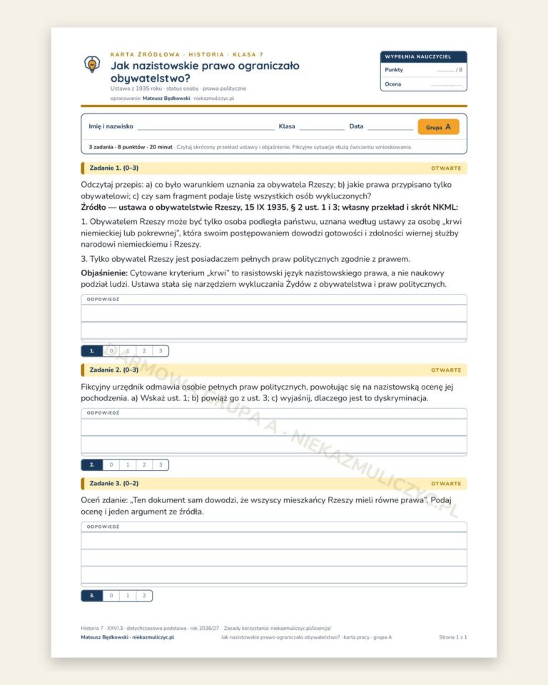 Jak nazistowskie prawo ograniczało — 5 kart pracy, klasa 7, z kluczem — okładka