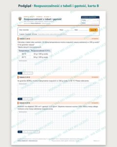 Rozpuszczalność z tabeli i gęstość — 5 kart pracy, klasa 7, z kluczem — podgląd, karta B
