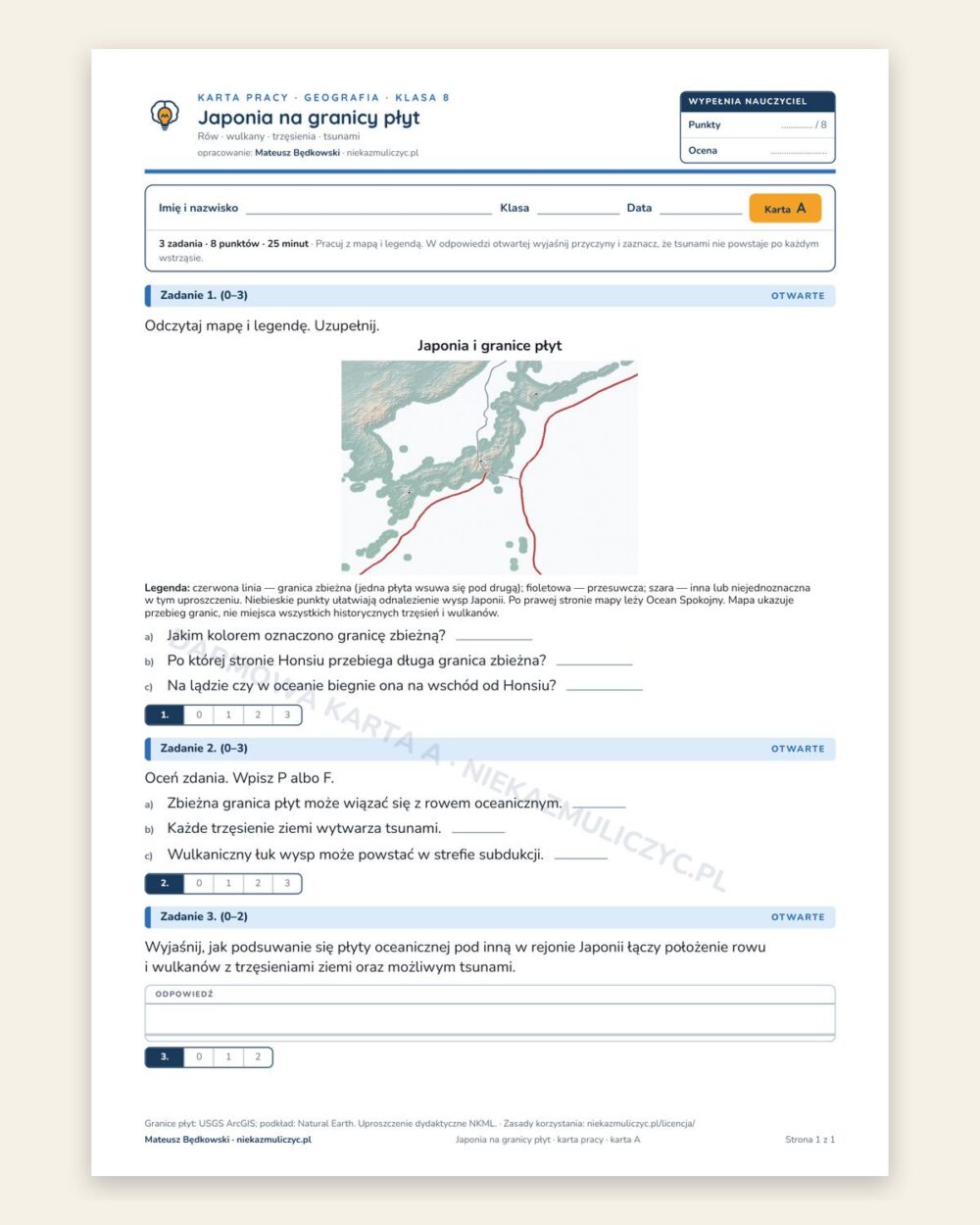 Japonia na granicy płyt — 5 kart pracy z geografii, klasa 8, z kluczem — okładka