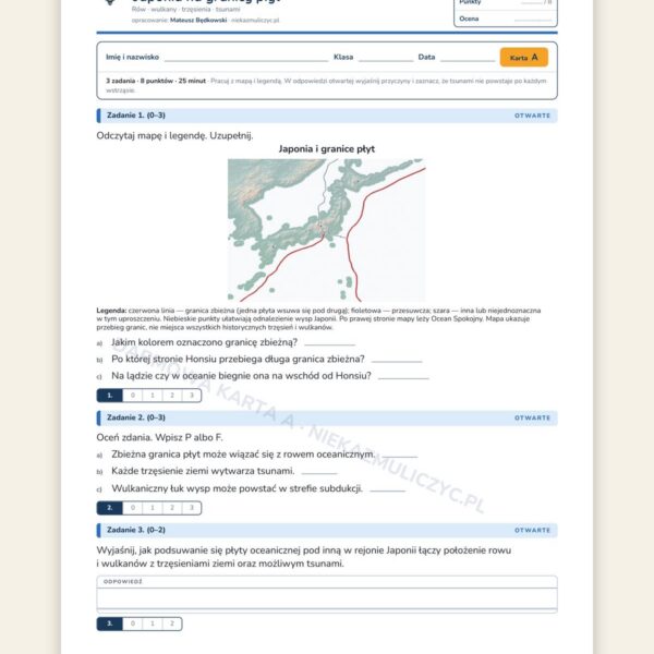 Japonia na granicy płyt — 5 kart pracy z geografii, klasa 8, z kluczem — okładka