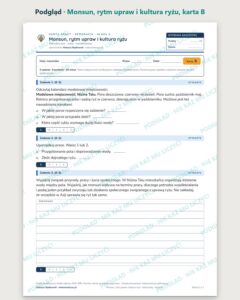 Monsun, rytm upraw i kultura ryżu — 5 kart pracy, klasa 8, z kluczem — podgląd, karta B