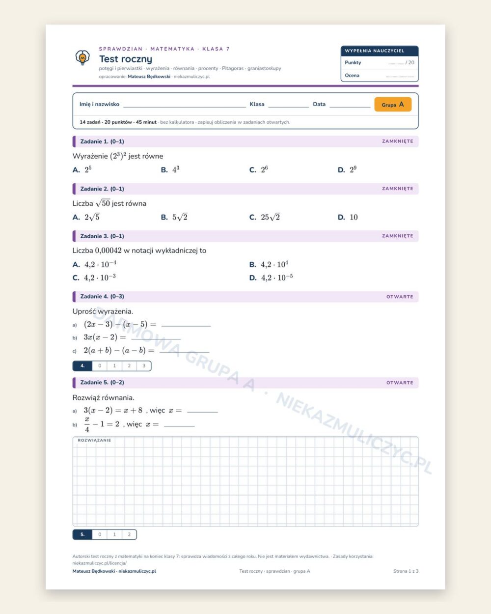 Test roczny — sprawdzian z matematyki, klasa 7, grupy A–E — okładka