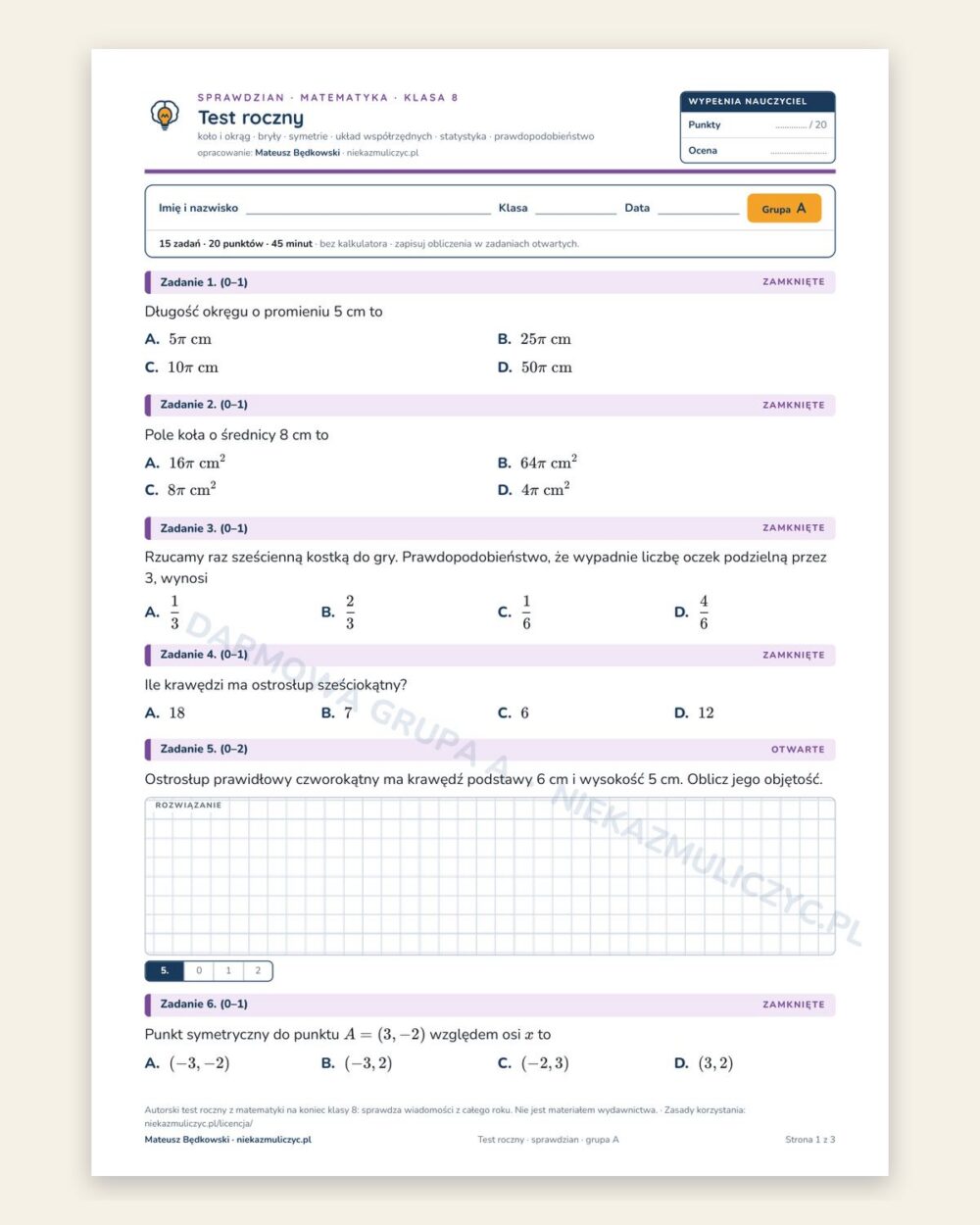 Test roczny — sprawdzian z matematyki, klasa 8, grupy A–E — okładka