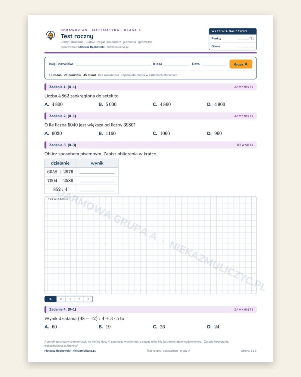 Test roczny — sprawdzian z matematyki, klasa 4, grupy A–E — okładka