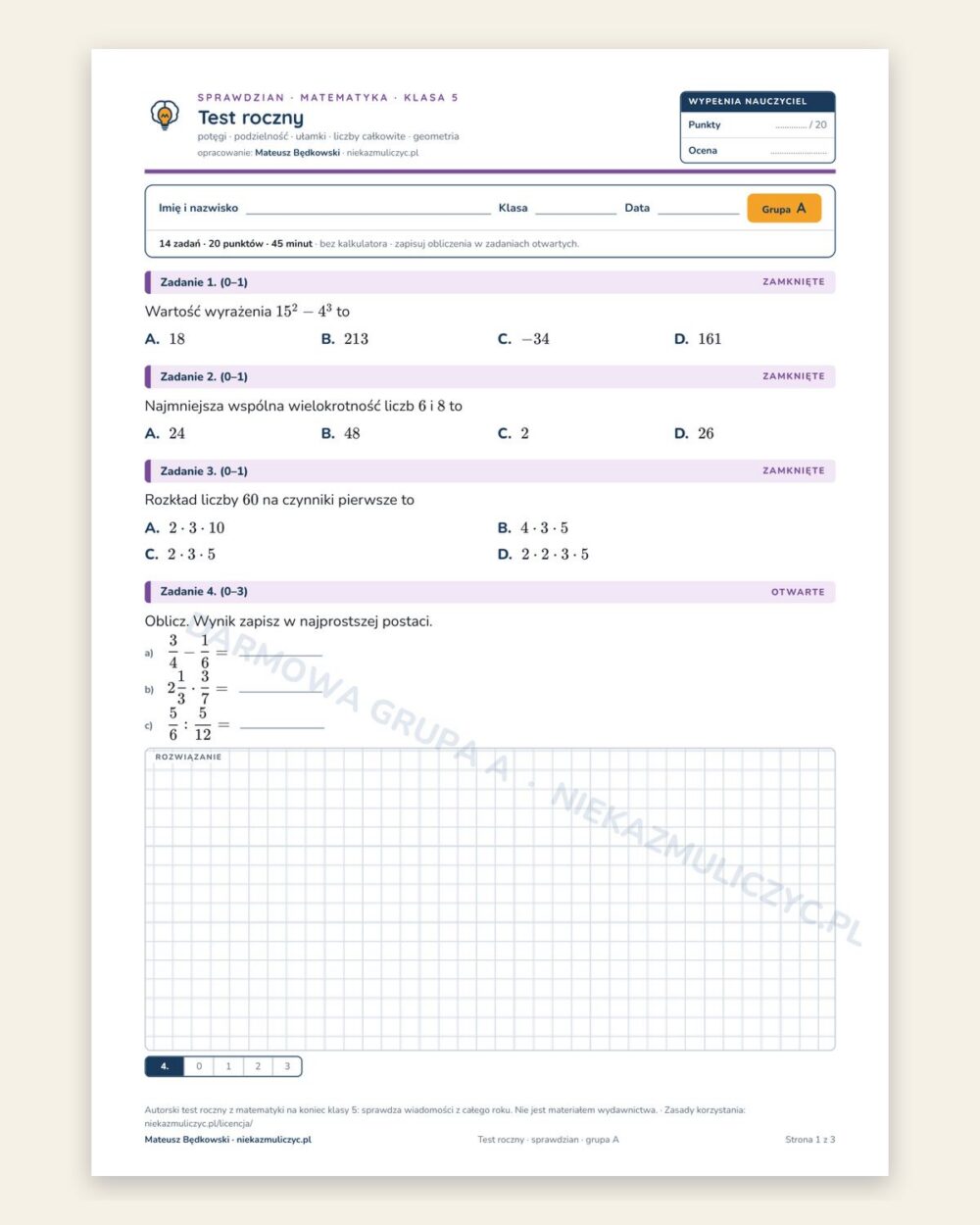 Test roczny — sprawdzian z matematyki, klasa 5, grupy A–E — okładka