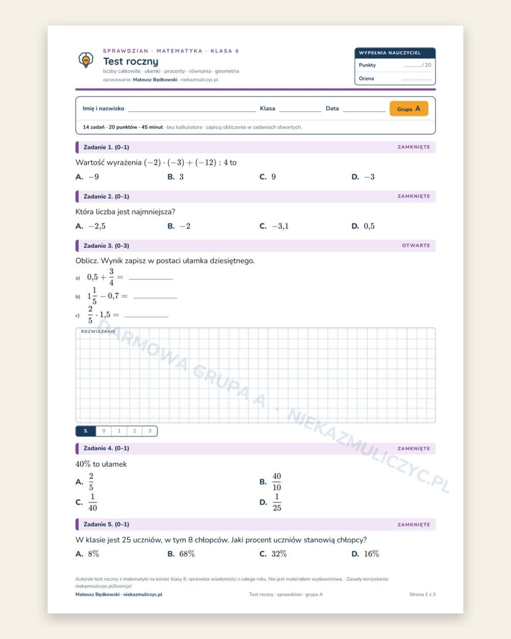 Test roczny — sprawdzian z matematyki, klasa 6, grupy A–E — okładka