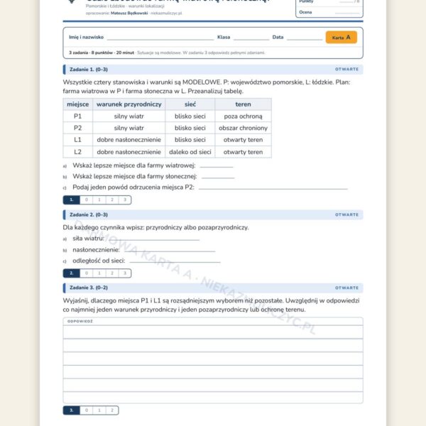 Gdzie zbudować farmę wiatrową i słoneczną? — 5 kart pracy, klasa 7 — okładka
