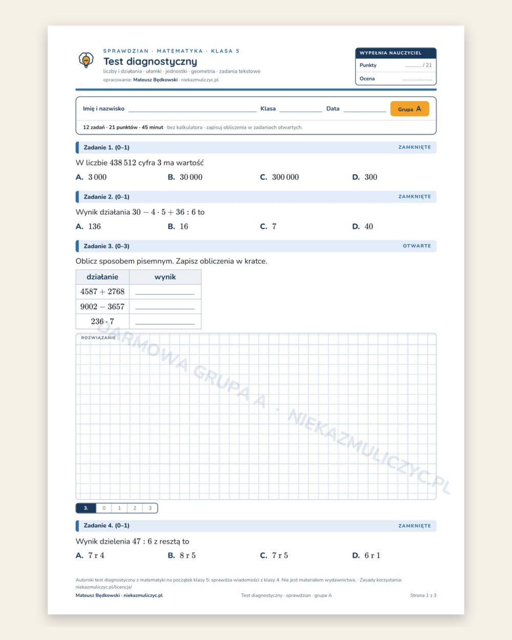 Test diagnostyczny — sprawdzian z matematyki, klasa 5, grupy A–E — okładka