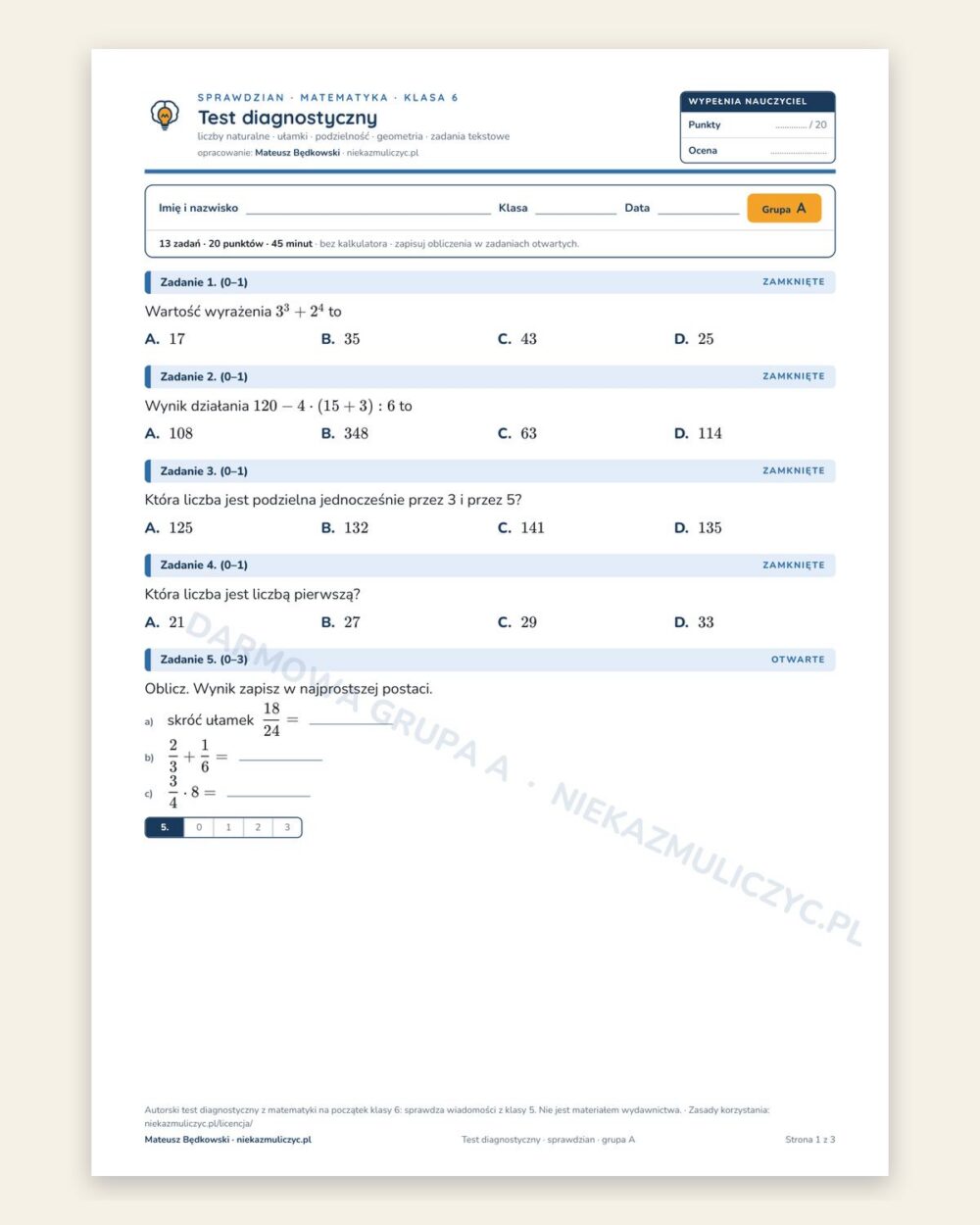 Test diagnostyczny — sprawdzian z matematyki, klasa 6, grupy A–E — okładka