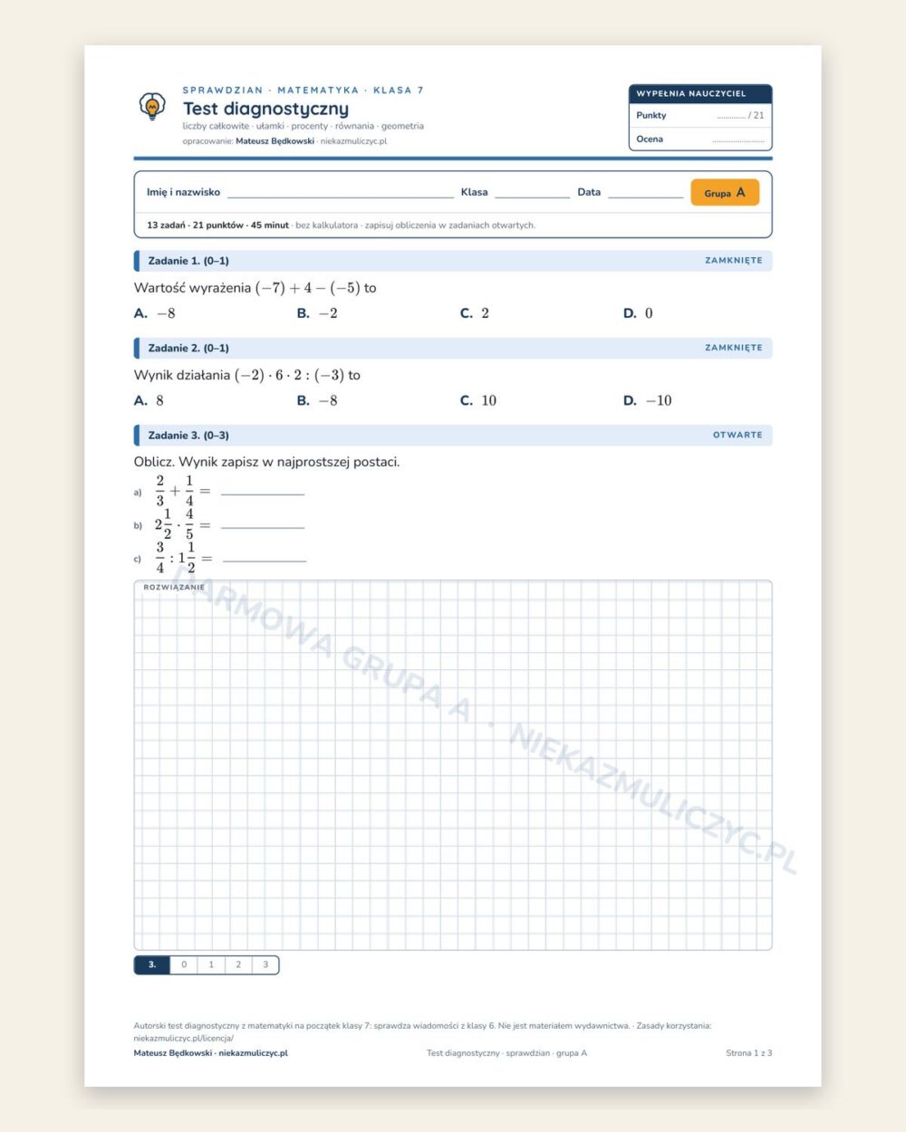 Test diagnostyczny — sprawdzian z matematyki, klasa 7, grupy A–E — okładka